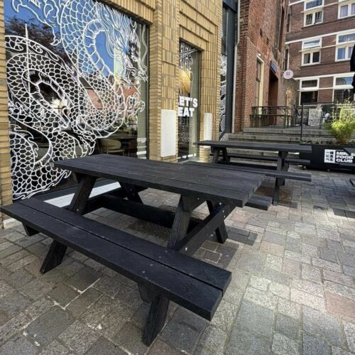Kunststof Picknickset Oslo Mensa 12 Kunststof picknicksets voor openbare ruimte geplaatst bij horecalocatie Foodclub Minna Groningen